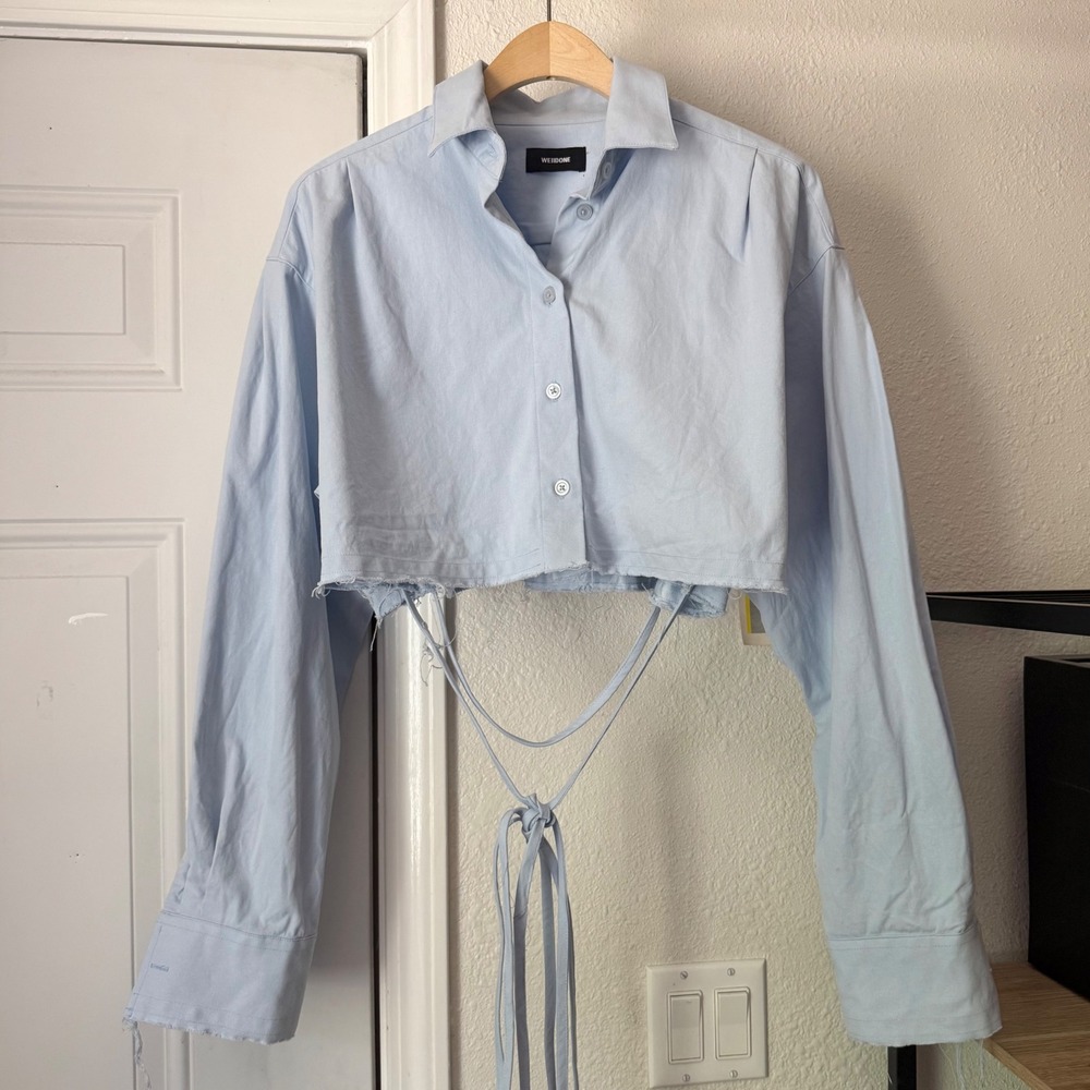 WE11DONE chambray blue light‎ cotton raw fray hem cropped tie waist shirt top